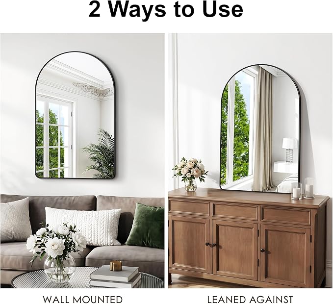BONEWEI Arched Wall Mirror,30x45 inch Black Arched Mirror Bathroom,Vanity Mirror for Over Sink Metal Frame,Tempered Glass Arch Mirrors for Bedroom,Entryway,Living Room,Home Decor Shatter-Proof