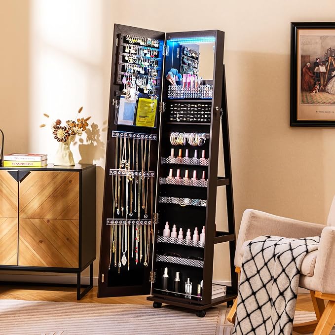 GOFLAME Jewelry Cabinet with Full Length Mirror, Lockable Jewelry Storage Organizer with Wheels, 3-Color LED Lights, Inner Mirror, Freestanding Jewelry Armoire with Rear Storage Shelves, Espresso