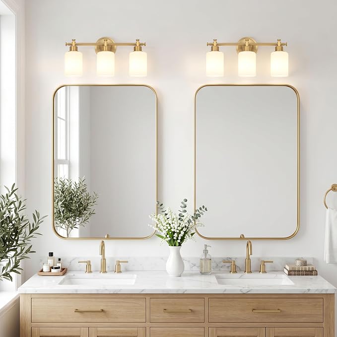 Bathroom Vanity Light, 3-Bulb Brushed Gold Vanity Light for Bathroom 17.5'' | Modern Champagne Gold Wall Sconce with White Glass Shades, Anti-Rust Light Fixtures over Mirror (Bulbs Not Included, E26)