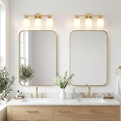 Bathroom Vanity Light, 3-Bulb Brushed Gold Vanity Light for Bathroom 17.5'' | Modern Champagne Gold Wall Sconce with White Glass Shades, Anti-Rust Light Fixtures over Mirror (Bulbs Not Included, E26)