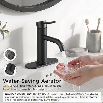 FORIOUS Bathroom Faucet 1 Hole, Black Single Handle Vainty Sink Faucets | for 1 or 3 Hole 4 Inch Centerset Sink, with Pop-up Drain, NSF61 Certificate, for Rv Commercial Lavatory Restroom Basin