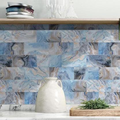 URCOLOR 32-Piece Peel and Stick Backsplash Wall Tile, 4"x 8" PVC Glossy Blue Marble Stick on Subway Tiles for Kitchen, Bathroom, Laundry Room, Camper, Fireplace