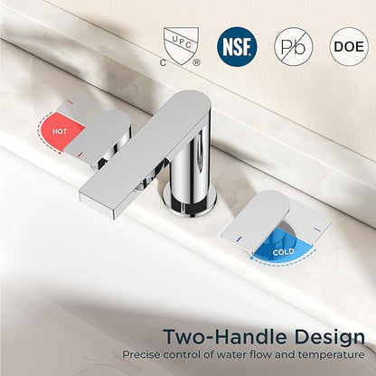 FORIOUS Chrome Bathroom Faucets 3 Hole, 8 Inch Widespread Bathroom Sink Faucet with Pop-up Drain and Cupc Supply Lines, 2-Handle for Vanity, Hotel