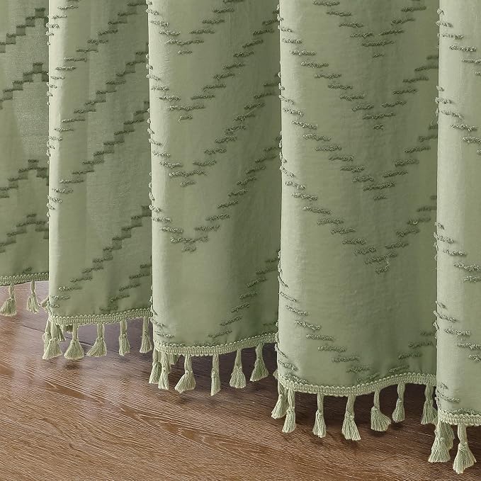 Boho Shower Curtain, Light Green Fabric Cloth Shower Curtains Farmhouse Tufted Chevron Striped Textured with Tassel for Bathroom, Soft Hotel Style Modern Minimalist, Machine Washable, 72x72