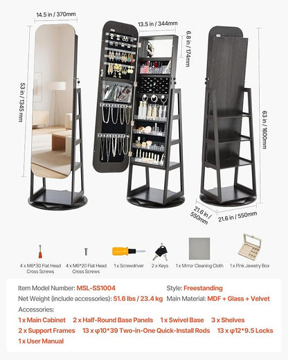 VEVOR 360° Swivel Jewelry Cabinet, 63-inch Tall, Full-Length Mirror with Storage, Standing Rotatable Jewelry Armoire Organizer, Lockable Door with 2 Keys, Accessory Pouches, and Storage Shelves