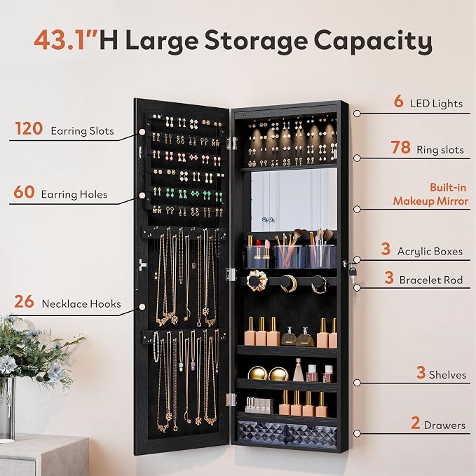Unisakey Mirror Jewelry Cabinet,Lockable Wall or Door Mounted Jewelry Armoire Organizer With Built-up Mirror,LED Lights, Drawers,Cosmetic Trays,Shelves, 14.4"x3.15"x 43.1"（Black） | Door or Wall Mount Flexible,Drawers Cosmetic Trays Shelves Inside,Built...