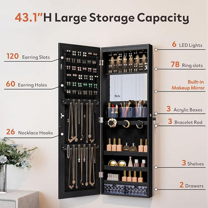 Unisakey Mirror Jewelry Cabinet,Lockable Wall or Door Mounted Jewelry Armoire Organizer With Built-up Mirror,LED Lights, Drawers,Cosmetic Trays,Shelves, 14.4"x3.15"x 43.1"（Black） | Door or Wall Mount Flexible,Drawers Cosmetic Trays Shelves Inside,Built...
