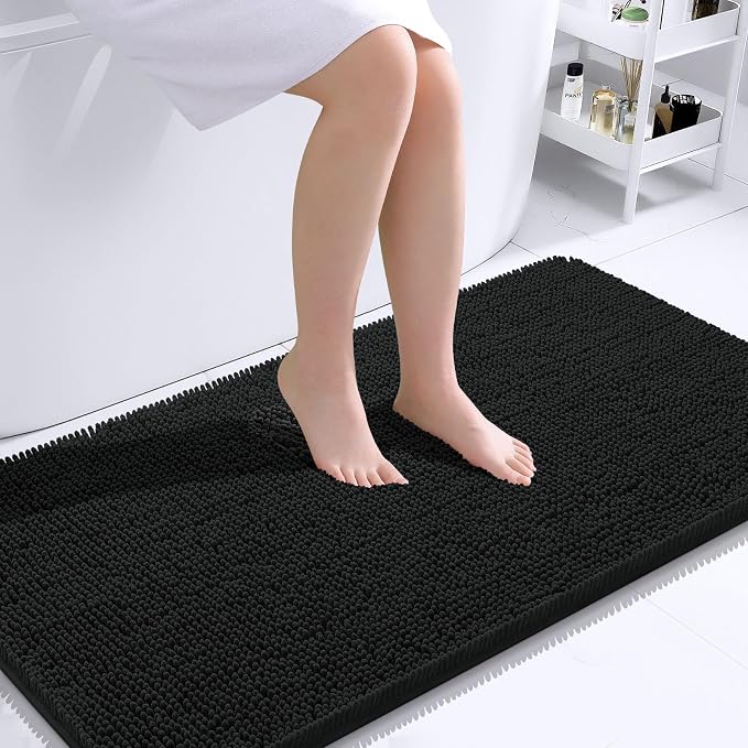 OLANLY Bathroom Runner Rugs 44x24, Extra Soft Absorbent Chenille Bath Rugs | Black, Quick-Drying Rubber Backing, Machine Washable Long Bath Mat for Bathroom Floor, Tub and Shower, Home Decor Accessories