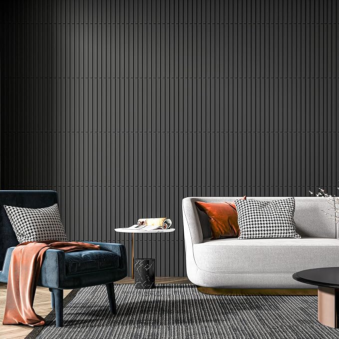 Art3d 3D Fluted Textured Slat Wall Panels, 19.7 x 19.7 in, 12-Pack, Black | PVC, Waterproof, Scratch Proof, Wipeable, Break-Proof, Ideal for Home, Office and Commercial Spaces