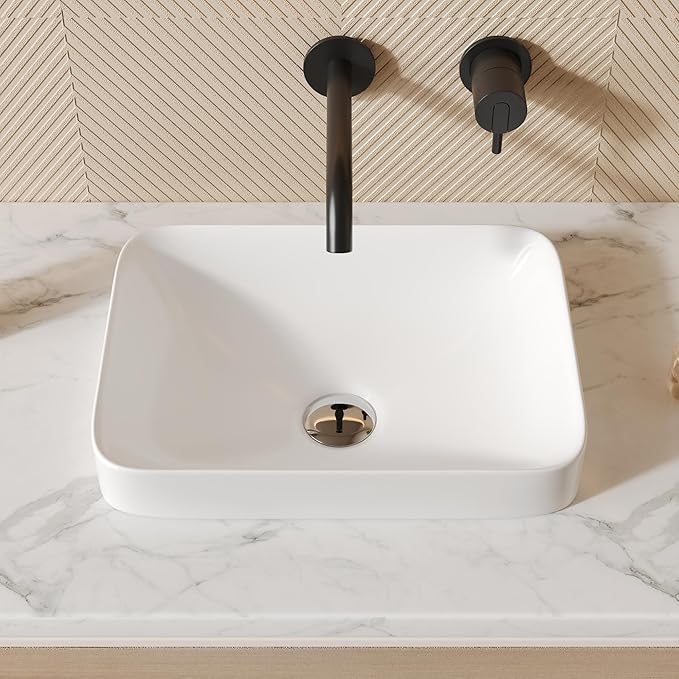 DeerValley Horizon 15.94x12.01 Inch Semi-Recessed Bathroom Vessel Sink, White Ceramic Rectangular Vanity Sink, Model DV-1V0346
