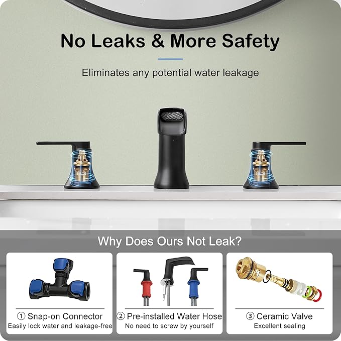 Black Bathroom Faucet 3 Hole, Brass Bathroom Waterfall Faucet 2 Handle, 4-16 Inch Widespread Bathroom Sink Faucets, Restroom Sink Faucet for Vanity with Supply Hoses, NO Equipped Pop-up Drain