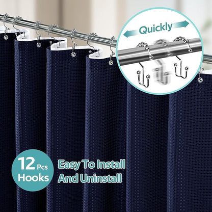 3 in 1 Shower Curtain Set, Waffle Shower Curtain and Liner Set with 12 Double Sided Shower Curtain Hooks, 258GSM Luxury Weighted Cloth Shower Curtains for Bathroom, 72 W x 72 H, Navy Blue