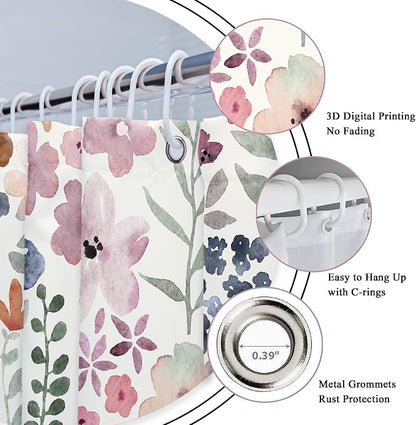 Extra Long Cute Floral Flower Watercolor Rustic Bathroom Shower Curtain Set | 72"W x 78"H Botanical Girls; waterproof HD print, quick-dry fabric with 12 hooks for easy hanging.