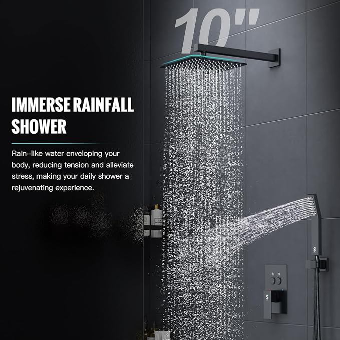 SR SUN RISE Shower System with Push Button Diverter, Wall Mounting Luxury 10 Inch Rain Shower Head with Handheld Spray, High Pressure Shower Faucet Combo Set with Rough-in Valve, Matte Black