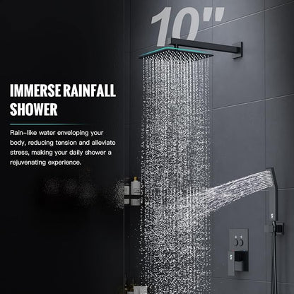 SR SUN RISE Shower System with Push Button Diverter, Wall Mounting Luxury 10 Inch Rain Shower Head with Handheld Spray, High Pressure Shower Faucet Combo Set with Rough-in Valve, Matte Black