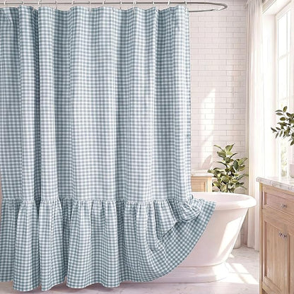 HunnmingRe Ruffle Hem Gingham Shower Curtain Dust Blue | 72'' x 72'' Vintage Farmhouse Curtain, Cotton Cottage Core Rural Checkered Plaid Decor, Fall Shower Curtain for Bathroom