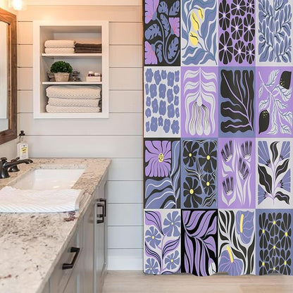 JAWO Retro Shower Curtain Vintage Abstract Boho Floral Shower Curtains for Bathroom Decor Purple Yellow Botanical Geometric Groovy Aesthetic Pattern Shower Curtain Sets with Hooks, 36X72IN