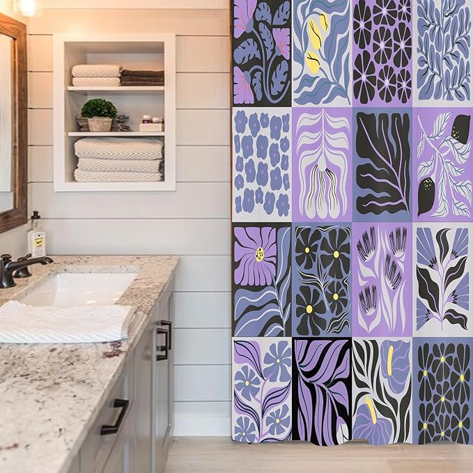 JAWO Retro Shower Curtain Vintage Abstract Boho Floral Shower Curtains for Bathroom Decor Purple Yellow Botanical Geometric Groovy Aesthetic Pattern Shower Curtain Sets with Hooks, 47X64IN