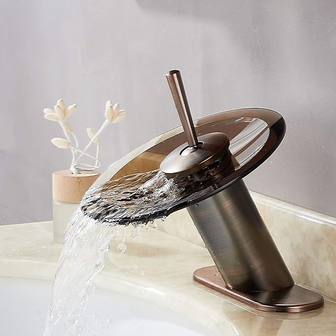 Waterfall Bathroom Sink Faucet Unique Brass Modern Circle Glass Waterfall Faucet for Basin Vanity Single Hole Pedestal Sink Faucets One Handle Corner Sink Bathroom Faucet, Oil Rubbed Bronze