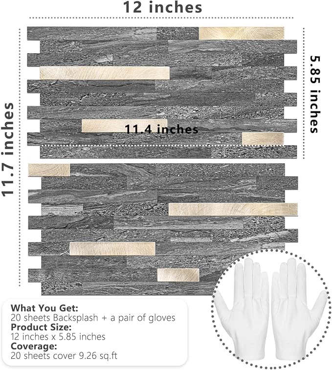 STICKGOO 20 Sheets Peel and Stick Backsplash Tile, Stick on Backsplash for Kitchen and Bathroom, Black Sandstone Look PVC Mixed Metal Gold Self Adhesive Wall Tiles