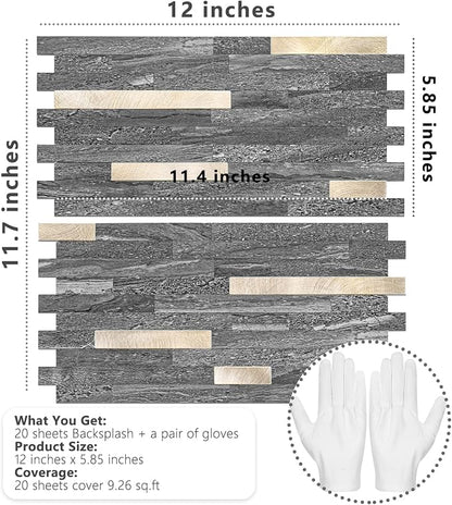 STICKGOO 20 Sheets Peel and Stick Backsplash Tile, Stick on Backsplash for Kitchen and Bathroom, Black Sandstone Look PVC Mixed Metal Gold Self Adhesive Wall Tiles