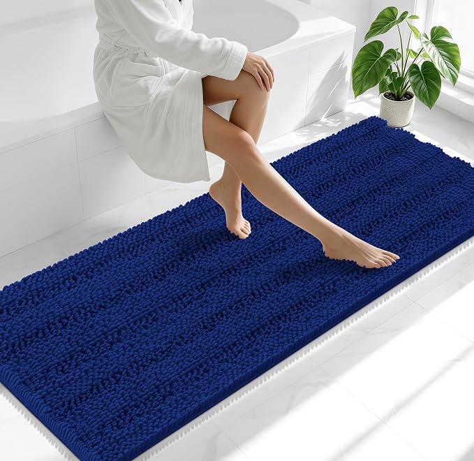 Smiry Thick Chenille Bathroom Runner Rugs 70x24, Absorbent Bath Mat, Navy | Quick‑Dry & Machine Washable, Non‑Slip Bath Carpet, Soft Striped Bath Rugs for Tub & Shower, Modern Home Decor Accessories