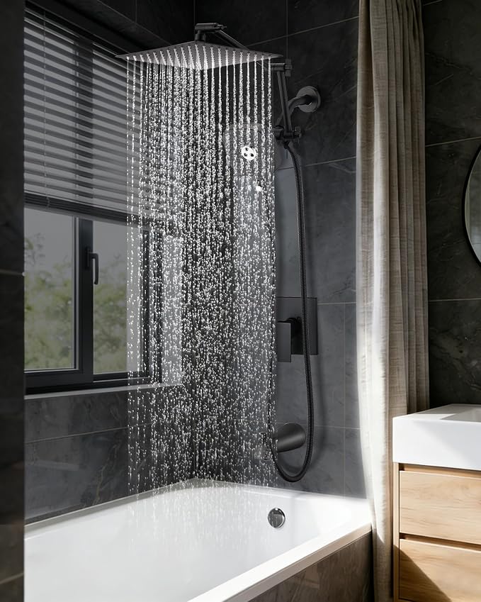 10" Rainfall Shower Head with Handheld Combo, High Pressure Dual Showerhead with Square Rain& Magnetic Hand Sprayer, 15" Adjustable Metal Extension Arm (Matte Black)