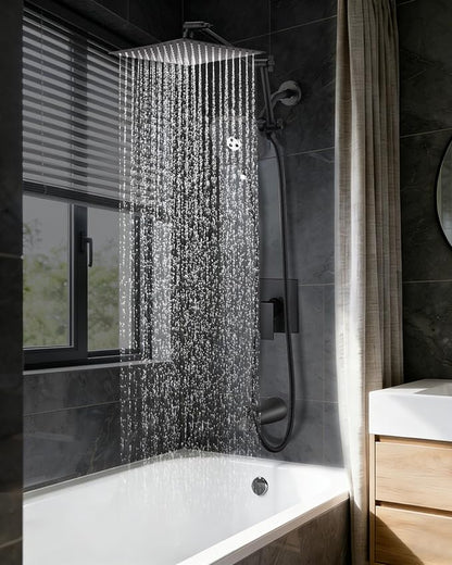 10" Rainfall Shower Head with Handheld Combo, High Pressure Dual Showerhead with Square Rain& Magnetic Hand Sprayer, 15" Adjustable Metal Extension Arm (Matte Black)