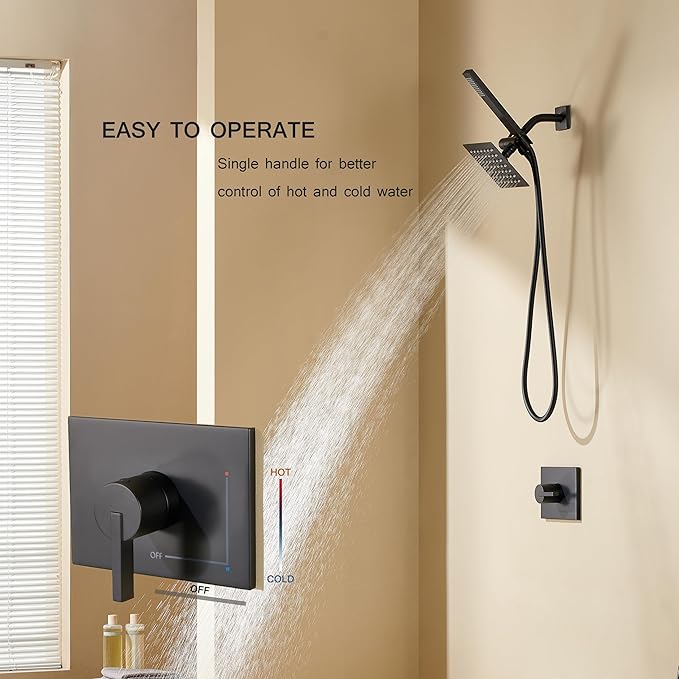 Black Shower Head and Handle Set, Shower Faucet Set Dual Shower Heads with Handheld Spray Combo, All Metal 6" Dual Shower Head Combo and 3-Way Diverter, Black Shower Faucet Set with Valve
