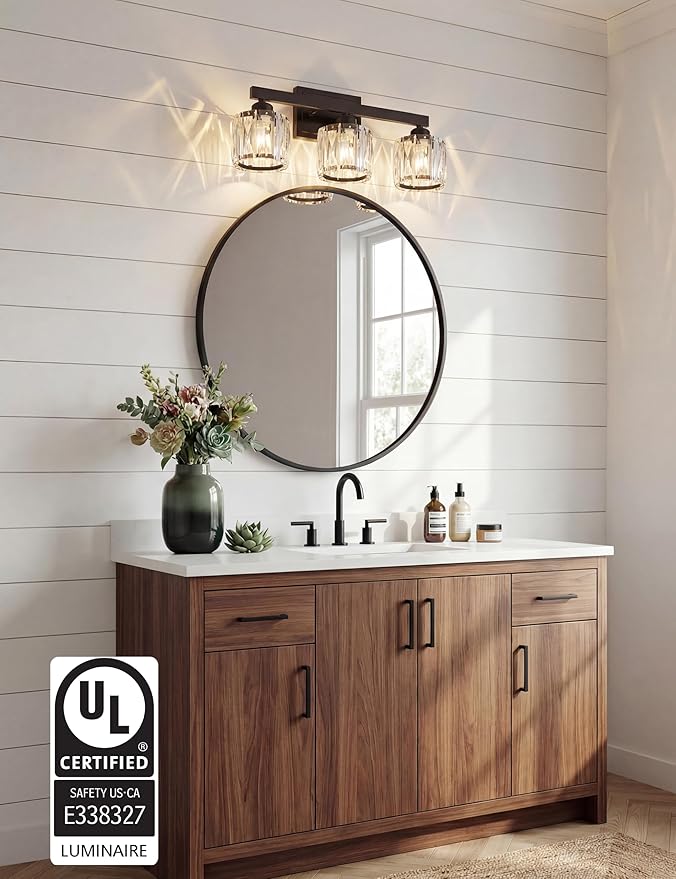 VOLISUN Crystal Vanity Lights for Bathroom, 3 Light Bathroom Vanity Light, Modern Matte Black Bathrooms Light Over Mirror, Black Bathrooms Lights Fixtures-UL Certificated(Exclude Bulb)