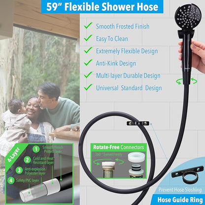 RV Shower Head with Hose and On Off Switch (Trickle), Water Saving High Pressure Shower Head with Hose Guide Ring, Shower Holder for RV, Camper, Van, Travel Trailer, Motorhome, Boat, Black