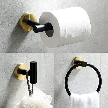 4 Piece Stainless Steel Matte Black and Brushed Gold Bathroom Hardware Set Include Hand Towel Ring Holder, Toilet Paper Holder,and 2 Robe Towel Hooks,Bathroom Accessories Kit