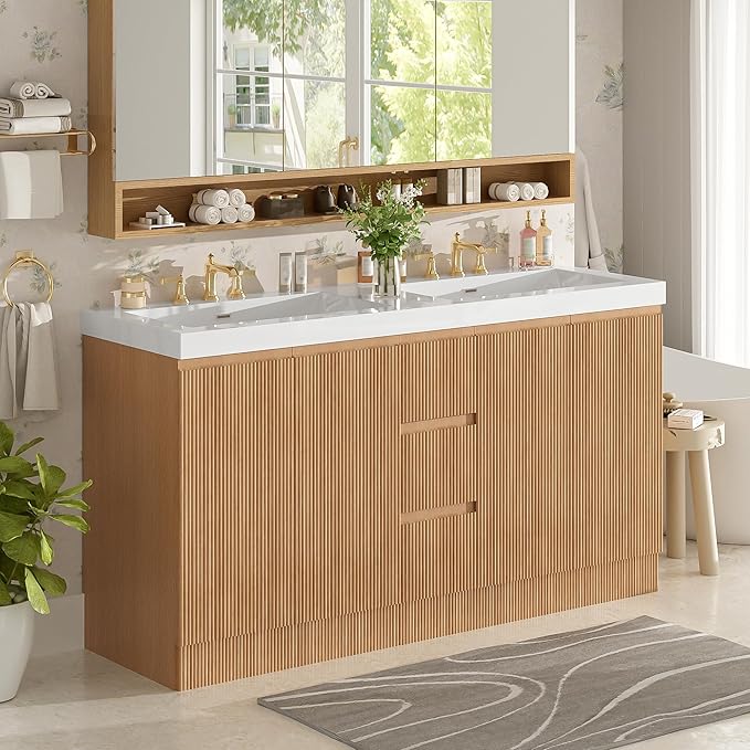 60 Inch Double Bathroom Vanity with Double Sinks, Soft Closing Doors and Drawers, Solid Wood Frame & MDF Modern Fluted Bathroom Sink Cabinet, Freestanding,Natural Wood