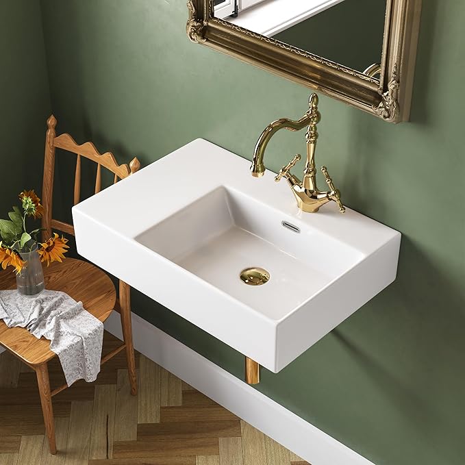 DeerValley 23x16 Inch Wall Mount Bathroom Sink, White Ceramic Rectangular Wall Hung Sink with Right Side Faucet Hole, DV-1WS0126R
