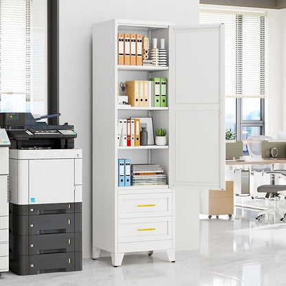 Tall Metal Narrow Storage Cabinet 67" H with 2 Drawer, White Pantry Cabinets with 3 Adjustable Shelves and Door,Tall Bathroom Cabinet for Kitchen, Home Office, Living Room, Dining Room