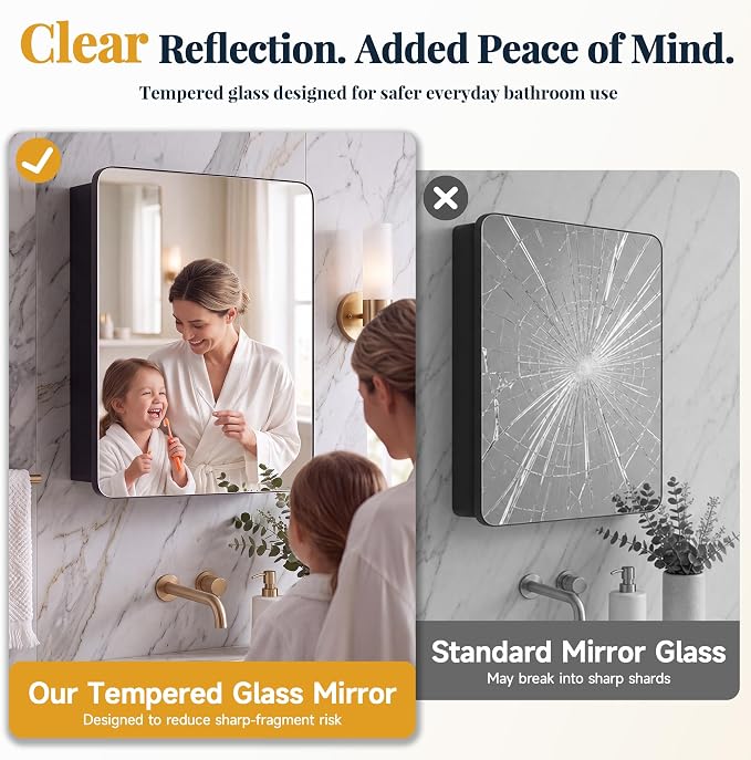 16x20 Medicine Cabinet with Mirror, Black Aluminum, Pre-Assembled | Bathroom mirror with storage, 3 adjustable acrylic shelves, Tempered Glass Mirror