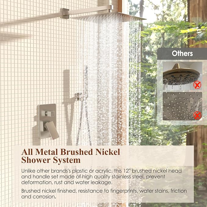 Shower System, 12 Inch Bathroom Shower Faucet Set, Brushed Nickel Shower Head and Handle Set, Shower Faucet with Valve and Shower Trim Kit, High Pressure Rain Shower Head Set, Wall Mounted