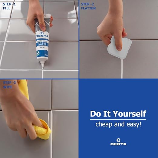 Tile Grout Repair Kit White - Fast Drying Premixed Grout Filler for Bathroom, Kitchen & Floor - Restore & Renew Tile Joints Line - Squeeze Tube with Applicator - Fills Cracks and Gaps (8.8 oz)