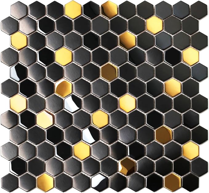 Black and Gold Backsplash Wall Tiles Hexagon Mosaic Shower Floor Tile Kitchen Bathroom Tile (Box of 5 Sheets)