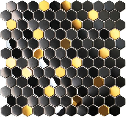 Black and Gold Backsplash Wall Tiles Hexagon Mosaic Shower Floor Tile Kitchen Bathroom Tile (Box of 5 Sheets)
