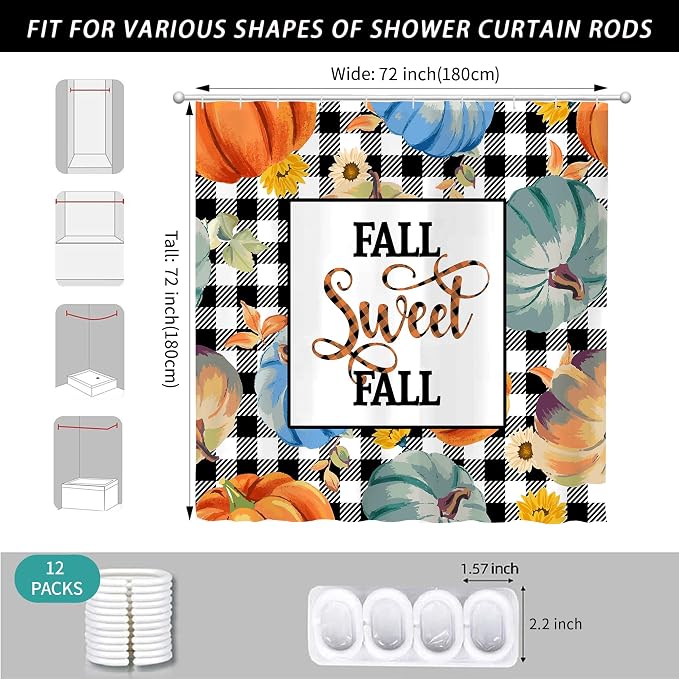 Fall Pumpkin Harvest Autumn Shower Curtain for Bathroom 72W*72H Inch Thanksgiving Rustic Black White Buffalo Plaid Maple Bathtub Autumnal Decor Waterproof Polyester Fabric Set with 12 Hooks