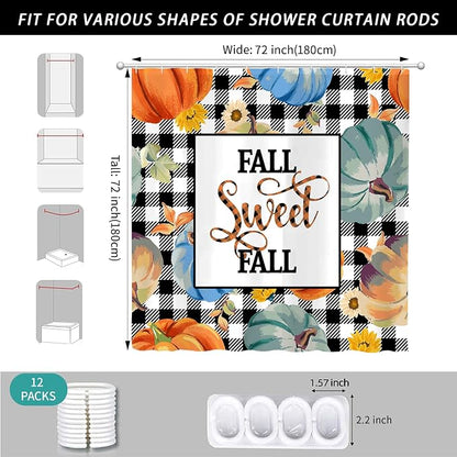 Fall Pumpkin Harvest Autumn Shower Curtain for Bathroom 72W*72H Inch Thanksgiving Rustic Black White Buffalo Plaid Maple Bathtub Autumnal Decor Waterproof Polyester Fabric Set with 12 Hooks