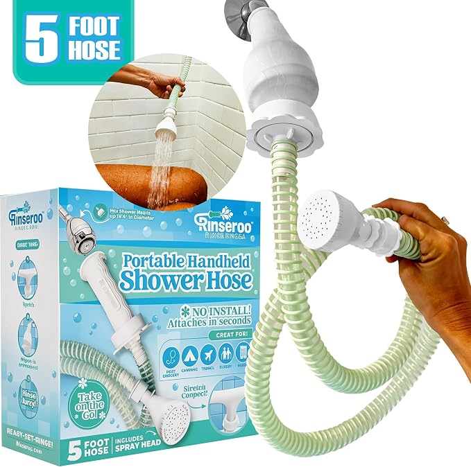 Rinseroo Slip-On Handheld Shower Attachment Hose w/Spray Head | Seated Bathing, Converts Fixed Shower Head, Portable No-Install, For Seniors & RV, Gravity Fed