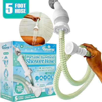 Rinseroo Slip-On Handheld Shower Attachment Hose w/Spray Head | Seated Bathing, Converts Fixed Shower Head, Portable No-Install, For Seniors & RV, Gravity Fed