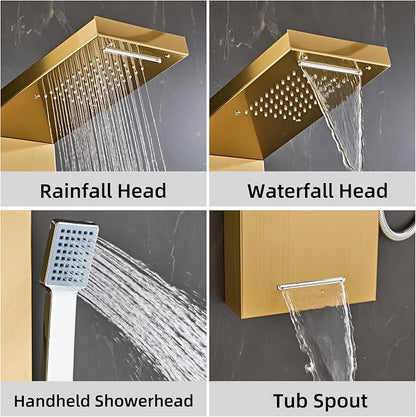 6 in1 Multi-Function Shower Panel Tower System-Brushed Gold | 304 stainless steel Shower Panel Column Tower with Powerful Body Massage, Rainfall, Waterfall,Handheld and Tub Spout