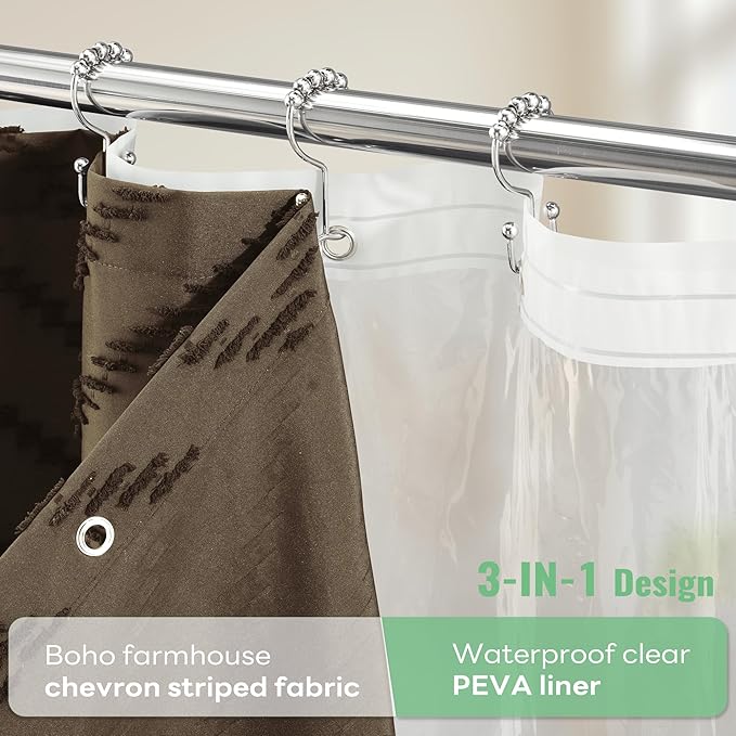 Dynamene Brown Boho Shower Curtain and Liner Set, Farmhouse Fabric Shower Curtain and Waterproof Clear Liner, Tufted Chevron Striped Textured Tassel Shower Curtains for Bathroom with 12 Hooks, 72x72