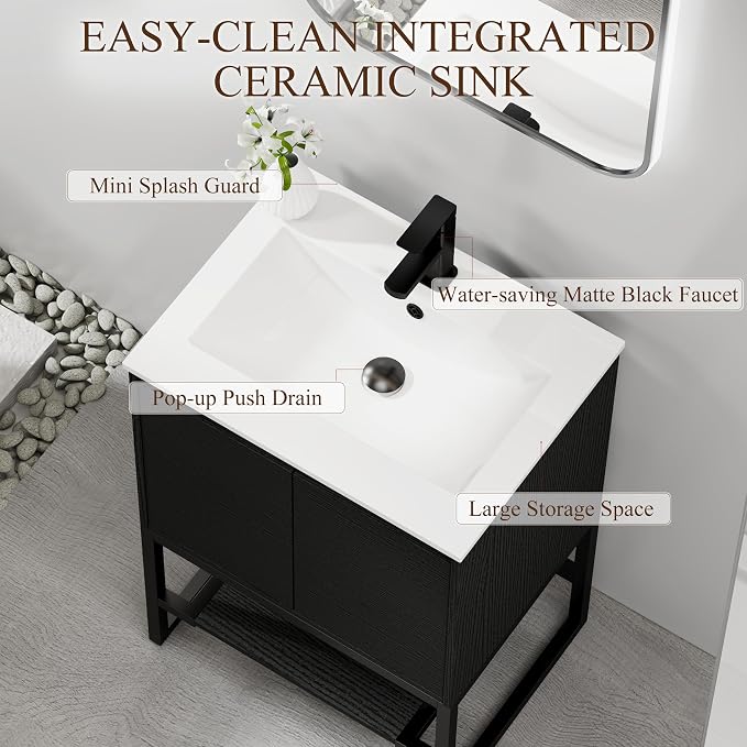 LUCKWIND 24" Modern Bathroom Vanity with Single White Sink Combo, Freestanding Storage Cabinet with Metal Frame, Matte Black Faucet and Open Shelf and 2 Soft-Closing Door, Black