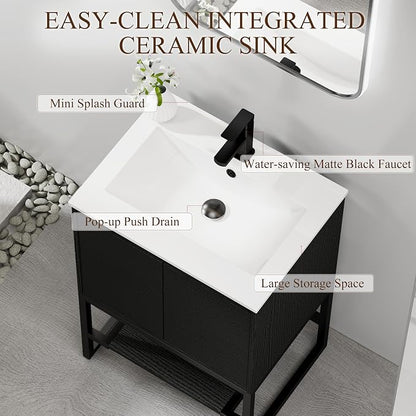LUCKWIND 24" Modern Bathroom Vanity with Single White Sink Combo, Freestanding Storage Cabinet with Metal Frame, Matte Black Faucet and Open Shelf and 2 Soft-Closing Door, Black