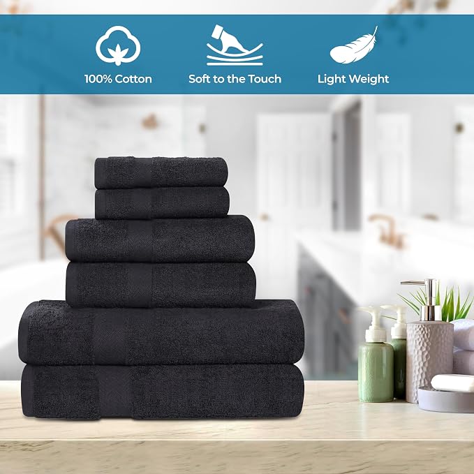 Superior 18-Piece Cotton Assorted Towel Set, Includes 8 Face Towel, 6 Hand, and 4 Bath Towels, Home, Bathroom, Guest Bath Essentials, Quick Dry, Absorbent, Franklin Collection - Black