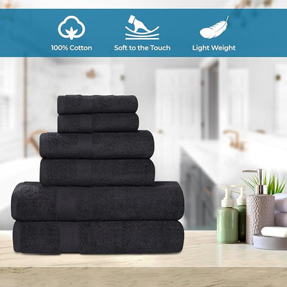 Superior 18-Piece Cotton Assorted Towel Set, Includes 8 Face Towel, 6 Hand, and 4 Bath Towels, Home, Bathroom, Guest Bath Essentials, Quick Dry, Absorbent, Franklin Collection - Black
